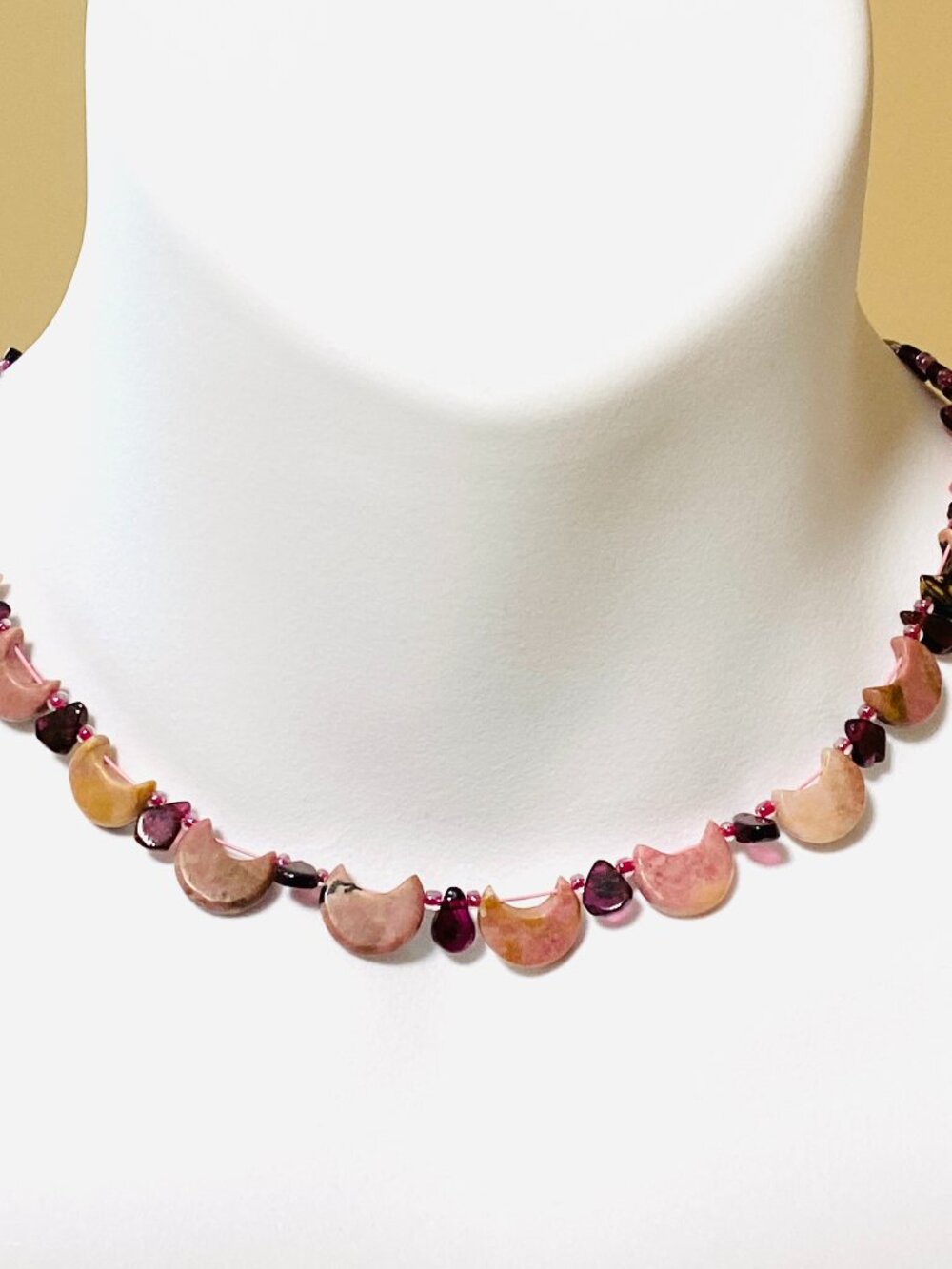 Genuine Crescent Moon Rhodonite & Garnet Short Necklace, Gemstone Beaded Choker